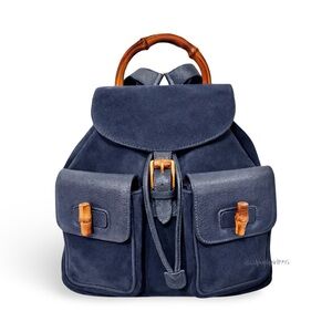 Gucci Tom Ford Navy Blue Bamboo Backpack Nubuck Suede Vintage 90s